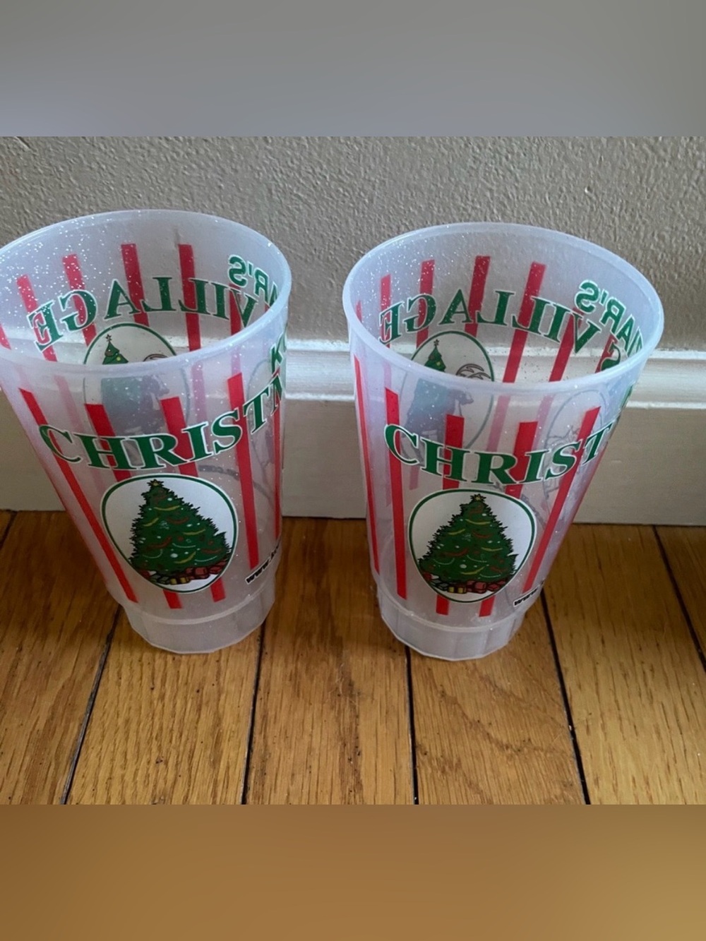 2 Christmas Village Festive Reusable Cups - Clear with Red & Green